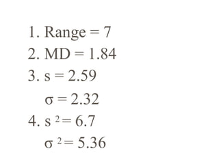1. Range = 7
2. MD = 1.84
3. s = 2.59
σ = 2.32
4. s 2 = 6.7
σ 2 = 5.36
 
