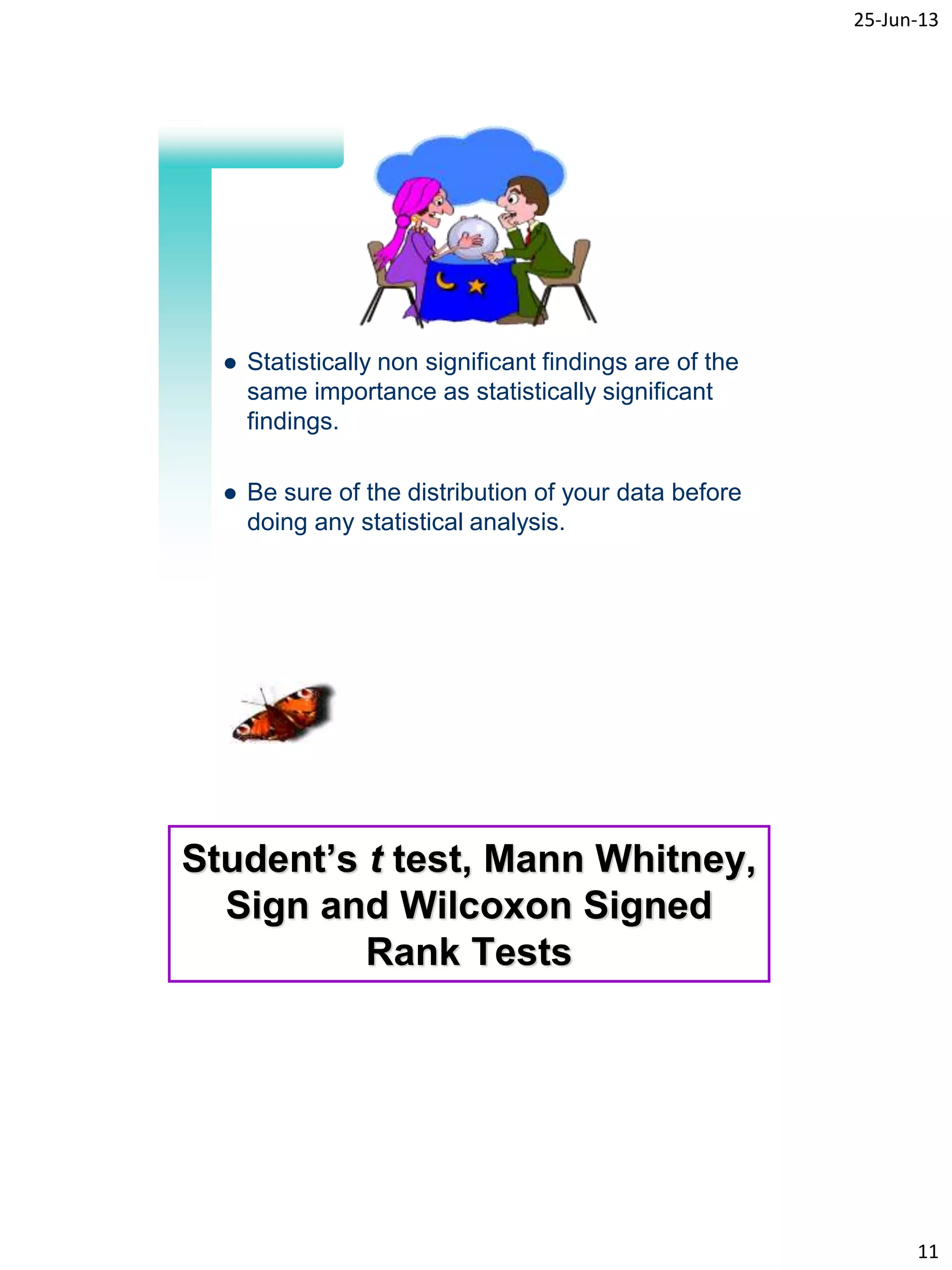 25-Jun-13
11
21
 Statistically non significant findings are of the
same importance as statistically significant
findings.
 Be sure of the distribution of your data before
doing any statistical analysis.
Student’s t test, Mann Whitney,
Sign and Wilcoxon Signed
Rank Tests
 