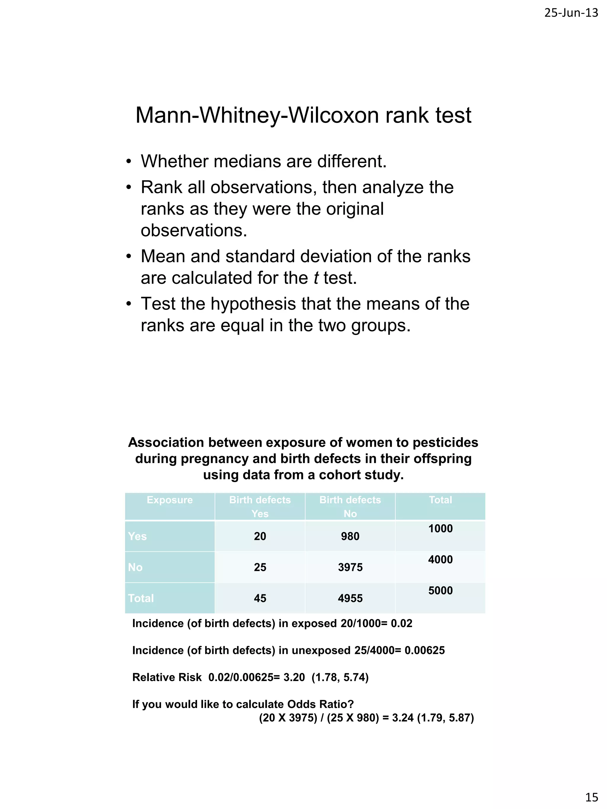 25-Jun-13
15
Mann-Whitney-Wilcoxon rank test
• Whether medians are different.
• Rank all observations, then analyze the
ranks as they were the original
observations.
• Mean and standard deviation of the ranks
are calculated for the t test.
• Test the hypothesis that the means of the
ranks are equal in the two groups.
Association between exposure of women to pesticides
during pregnancy and birth defects in their offspring
using data from a cohort study.
Exposure Birth defects
Yes
Birth defects
No
Total
Yes 20 980
1000
No 25 3975
4000
Total 45 4955
5000
Incidence (of birth defects) in exposed 20/1000= 0.02
Incidence (of birth defects) in unexposed 25/4000= 0.00625
Relative Risk 0.02/0.00625= 3.20 (1.78, 5.74)
If you would like to calculate Odds Ratio?
(20 X 3975) / (25 X 980) = 3.24 (1.79, 5.87)
 