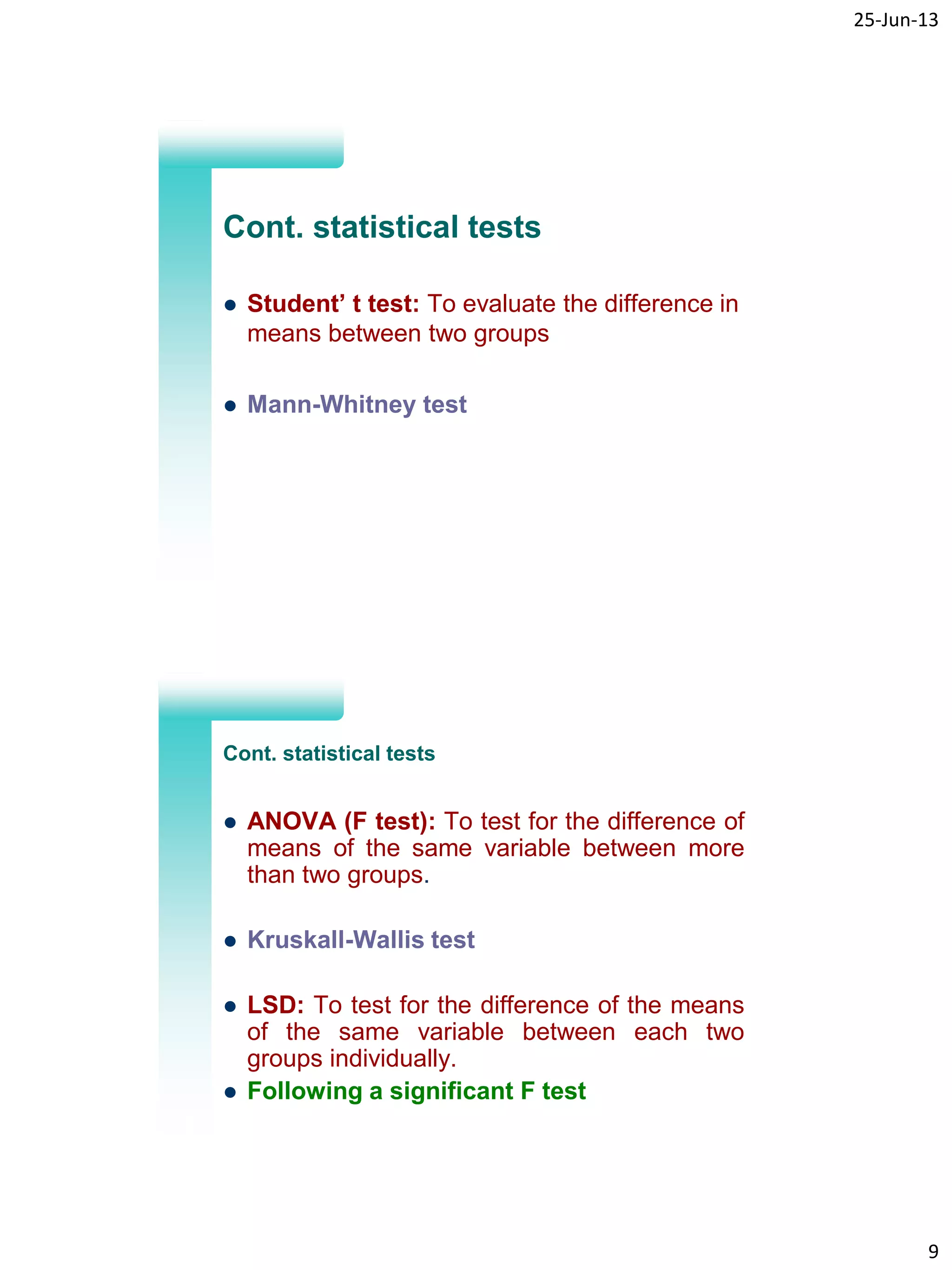 25-Jun-13
9
17
Cont. statistical tests
 Student’ t test: To evaluate the difference in
means between two groups
 Mann-Whitney test
18
Cont. statistical tests
 ANOVA (F test): To test for the difference of
means of the same variable between more
than two groups.
 Kruskall-Wallis test
 LSD: To test for the difference of the means
of the same variable between each two
groups individually.
 Following a significant F test
 