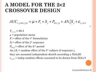 19
A MODEL FOR THE 2×2
CROSSOVER DESIGN
lkjijljikjiljikji SANPSFAUC ,,,),(),,(,, εµ +++++=
Y1,1,1,1= 98.3
µ = population mean
Fi = effect of the ith
formulation
Sj = effect of the jth
sequence
Pk(i,j) = effect of the kth
period
Anl|Sj = random effect of the lth
subject of sequence j,
they are assumed independent distrib according a N(0,Ω²)
ei,j,k,l = indep random effects assumed to be drawn from N(0,s²)
d.concordet@envt.fr
 