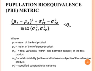 POPULATION BIOEQUIVALENCE
(PBE) METRIC
Where
µT = mean of the test product
µR = mean of the reference product
σTT
2
= total variability (within- and between-subject) of the test
product
σTR
2
= total variability (within- and between-subject) of the reference
product
σ0
2
= specified constant total variance
≤θP
41
 