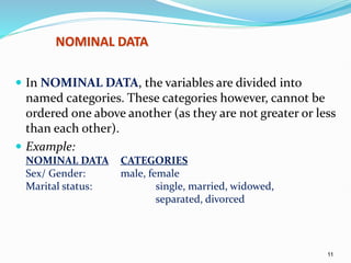 11
NOMINAL DATA
 In NOMINAL DATA, the variables are divided into
named categories. These categories however, cannot be
ordered one above another (as they are not greater or less
than each other).
 Example:
NOMINAL DATA CATEGORIES
Sex/ Gender: male, female
Marital status: single, married, widowed,
separated, divorced
 
