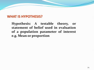 71
WHAT IS HYPOTHESIS?
Hypothesis: A testable theory, or
statement of belief used in evaluation
of a population parameter of interest
e.g. Mean or proportion
 