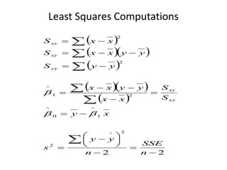 Least Squares Computations
 
  
 
  
 
2
2
2
^
2
1
^
0
^
2
1
^
2
2































n
SSE
n
y
y
s
x
y
S
S
x
x
y
y
x
x
y
y
S
y
y
x
x
S
x
x
S
xx
xy
yy
xy
xx



 