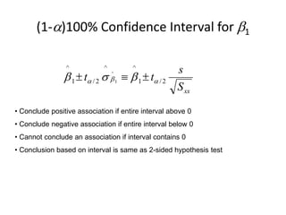 (1-)100% Confidence Interval for 1
xx
S
s
t
t 2
/
1
^
^
2
/
1
^
1
^


 

 


• Conclude positive association if entire interval above 0
• Conclude negative association if entire interval below 0
• Cannot conclude an association if interval contains 0
• Conclusion based on interval is same as 2-sided hypothesis test
 