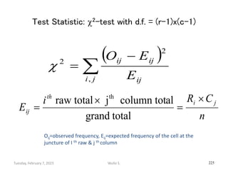 Test Statistic: 2-test with d.f. = (r-1)x(c-1)
225
 



j
i ij
ij
ij
E
E
O
,
2
2

n
C
R
i
E
j
i
th
ij




total...