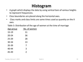 Histogram
• A graph which displays the data by using vertical bars of various heights
to represent frequencies.
• Class bo...
