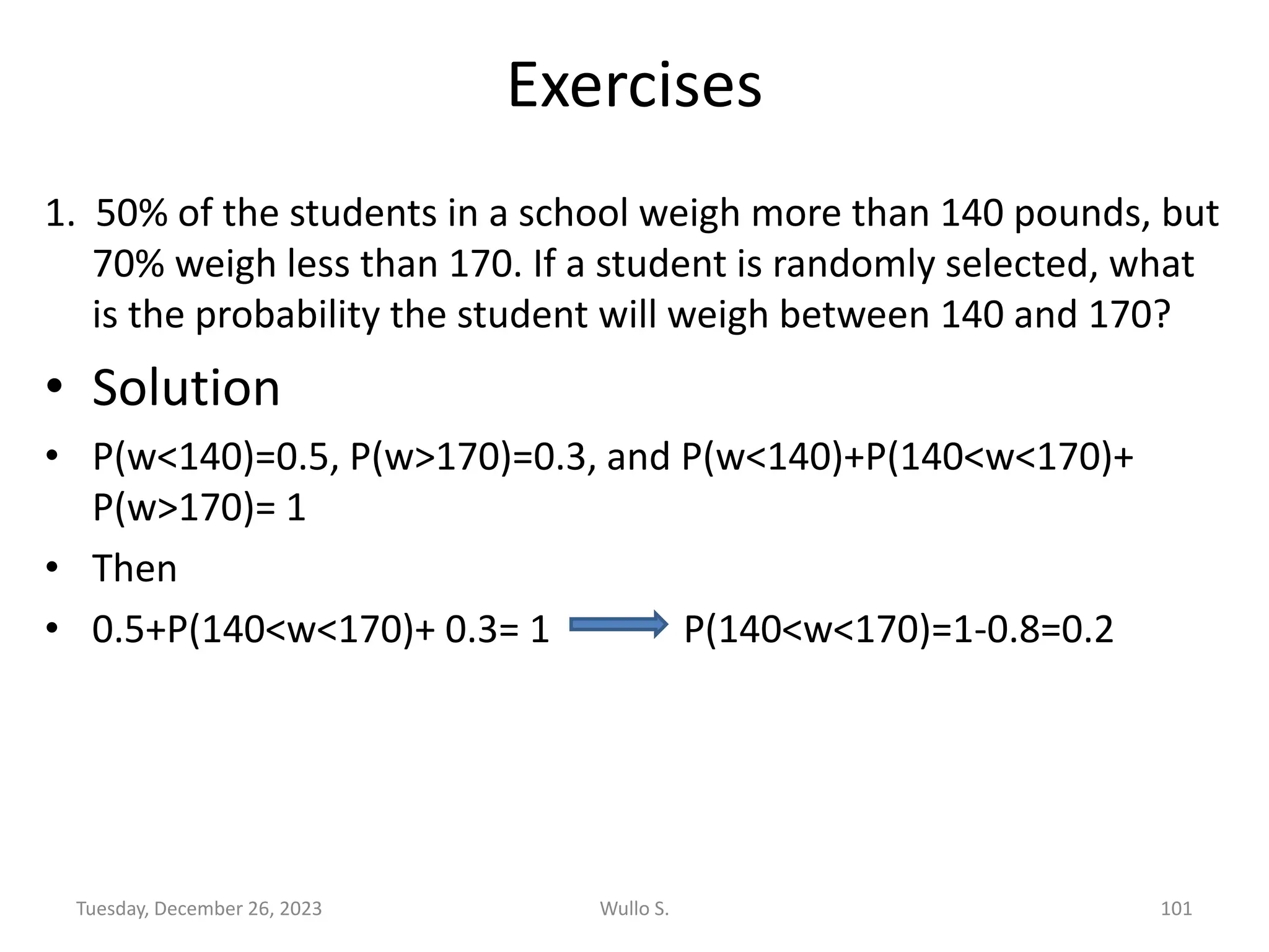 Exercises
1. 50% of the students in a school weigh more than 140 pounds, but
70% weigh less than 170. If a student is randomly selected, what
is the probability the student will weigh between 140 and 170?
• Solution
• P(w<140)=0.5, P(w>170)=0.3, and P(w<140)+P(140<w<170)+
P(w>170)= 1
• Then
• 0.5+P(140<w<170)+ 0.3= 1 P(140<w<170)=1-0.8=0.2
Tuesday, December 26, 2023 Wullo S. 101
 