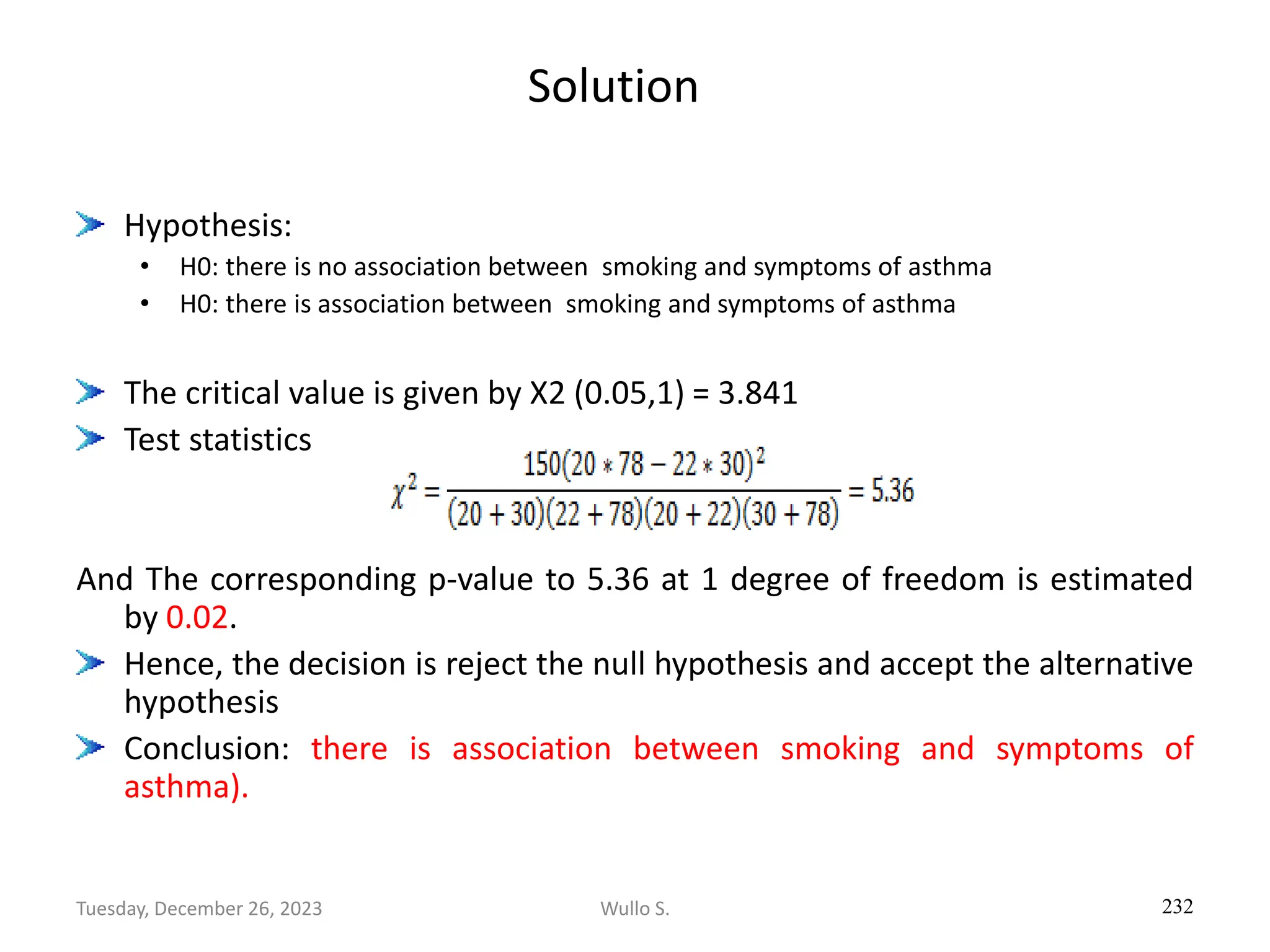 Solution
Hypothesis:
• H0: there is no association between smoking and symptoms of asthma
• H0: there is association between smoking and symptoms of asthma
The critical value is given by X2 (0.05,1) = 3.841
Test statistics
And The corresponding p-value to 5.36 at 1 degree of freedom is estimated
by 0.02.
Hence, the decision is reject the null hypothesis and accept the alternative
hypothesis
Conclusion: there is association between smoking and symptoms of
asthma).
232
Wullo S.
Tuesday, December 26, 2023
 