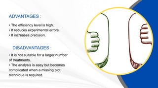 ADVANTAGES :
• The efficiency level is high.
• It reduces experimental errors.
• It increases precision.
DISADVANTAGES :
• It is not suitable for a larger number
of treatments.
• The analysis is easy but becomes
complicated when a missing plot
technique is required.
 