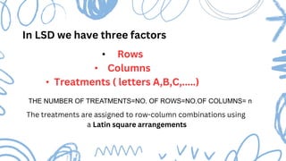 In LSD we have three factors
• Rows
• Columns
• Treatments ( letters A,B,C,.....)
THE NUMBER OF TREATMENTS=NO. OF ROWS=NO.OF COLUMNS= n
The treatments are assigned to row-column combinations using
a Latin square arrangements
 