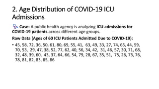 2. Age Distribution of COVID-19 ICU
Admissions
Case: A public health agency is analyzing ICU admissions for
COVID-19 patients across different age groups.
Raw Data (Ages of 60 ICU Patients Admitted Due to COVID-19):
• 45, 58, 72, 36, 50, 61, 80, 69, 55, 41, 63, 49, 33, 27, 74, 65, 44, 59,
70, 53, 29, 47, 38, 52, 77, 62, 40, 56, 34, 42, 31, 46, 57, 30, 71, 68,
32, 48, 39, 60, 43, 37, 64, 66, 54, 79, 28, 67, 35, 51, 75, 26, 73, 76,
78, 81, 82, 83, 85, 86
 