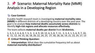 3. Scenario: Maternal Mortality Rate (MMR)
Analysis in a Developing Region
Case Context:
A public health research team is investigating maternal mortality rates
(MMR) in different districts of a developing country over the past year. The
goal is to analyze how maternal deaths accumulate across districts to
identify high-risk regions and allocate resources effectively.
The team collects maternal deaths per district from 50 districts.
1, 3, 5, 2, 4, 6, 8, 7, 5, 3, 2, 4, 9, 10, 12, 6, 5, 8, 7, 11, 2, 3, 4, 1, 5, 6, 9, 7, 10,
8, 11, 12, 14, 15, 16, 18, 20, 22, 24, 25, 27, 30, 28, 26, 19, 21, 23, 29, 17, 13
Critical Thinking Question:
Interpretation: What does the cumulative frequency tell us about
maternal mortality distribution?
 