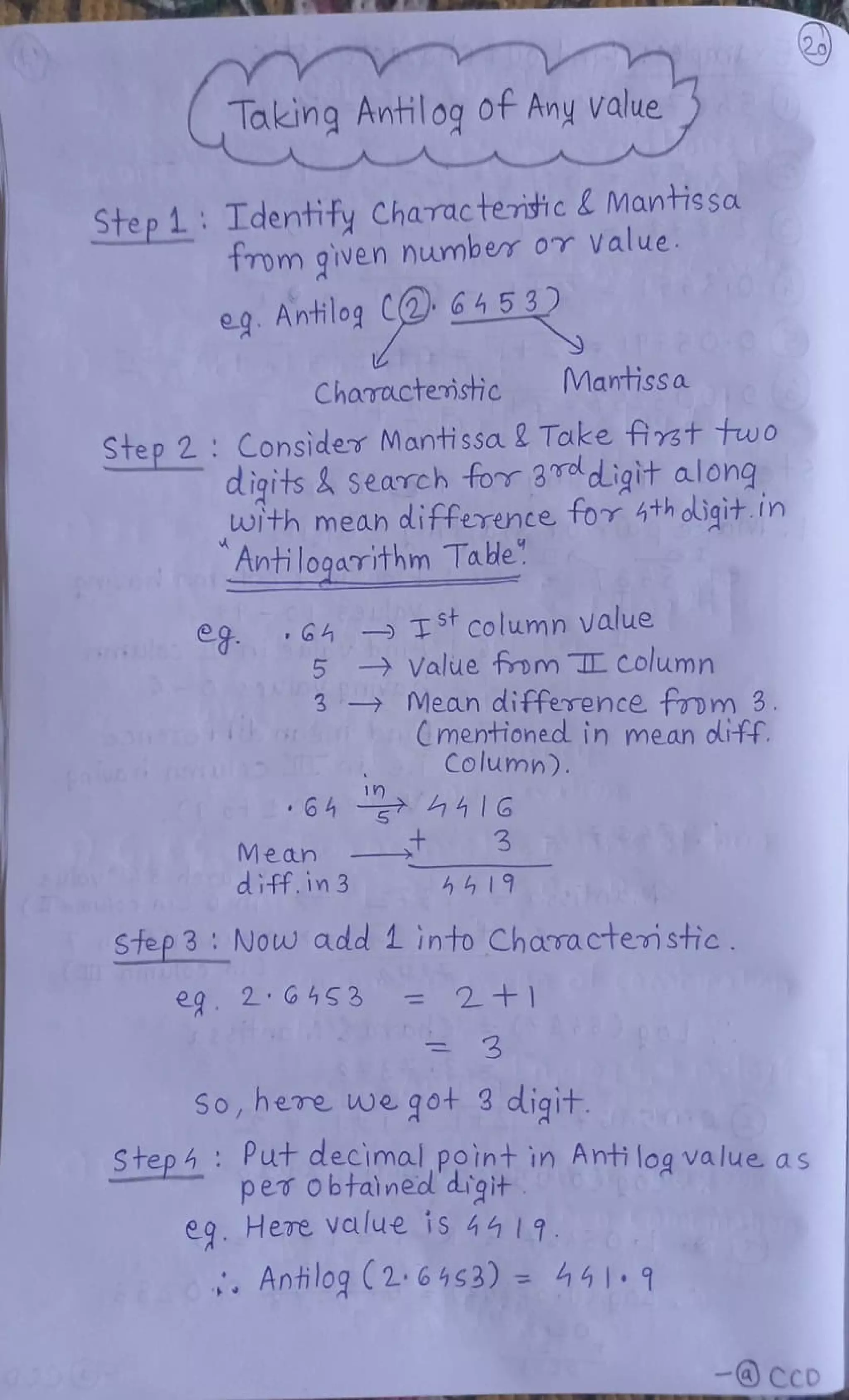 laking Antilog otAny value
Step1 Tdentify Characteidic &Mantissa
tom given number or Value.
eg. Antilog C264
5 3
Mantiss a
Characteristic
Step 2 Consider Mantissoa &Take firrt tuo
digits & Search for 3 digit along
wIth mean difference for 4th oligit.in
Antilogarithm Tabe
eg G4 TST column value
Value fom I Column
3 Mean difference fovm 3.
Cmentioned in mean olH4
Column).
5
64 41G
3
Mean
diff.in 3 hh19
Step 3: Now add 1 into Charactenstie
eg 2 G 4S3 2+1
=
3
So,here wegot 3 digit.
Step 4 Put decimal point in Anti log value as
per obtalned digit
eg. Here value is 44 19.
'Antilog (2-6453) =
441 9
- CCo
 