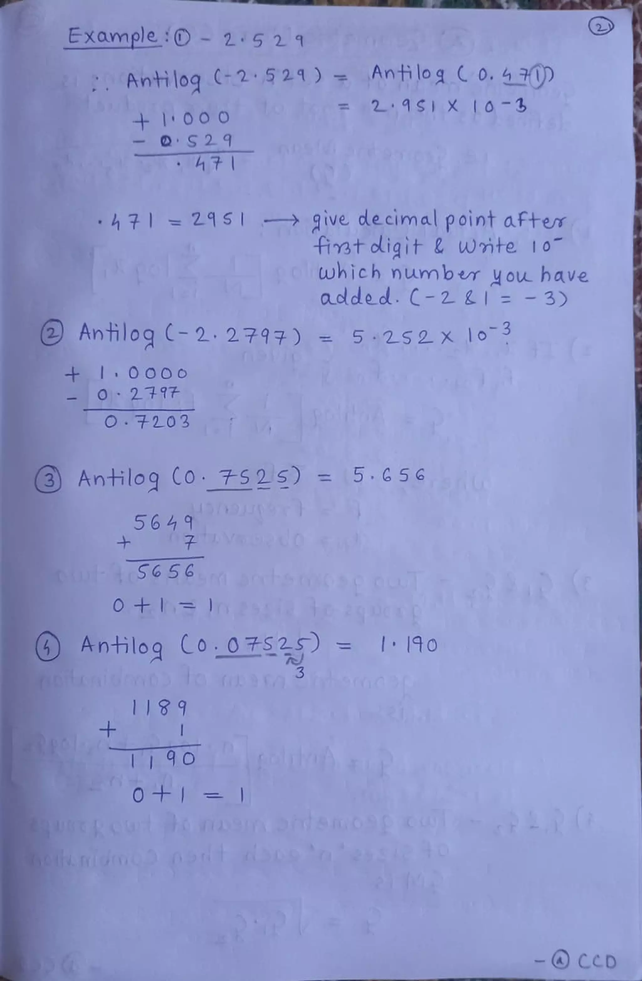 2
Example 0 2 521
Anti loq (2 921) AntfilogC0. 402
F 2
1SIX Io-3
+100O
OS29
471 215I give decimalpointafter
fir3tdigit & wite 10
ol which number yo have
3
added. C-2 2=
Antilog (-2. 2797) = 5 252x 1o
+IO O0o
O 21
O.7203
3 Antilog Co 7525) =5.G56
5649
Antilog Co-07s2 = 1 190
1189
T190
- ccD
 