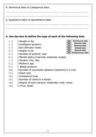 6
4. Numerical data Vs Categorical data
………………………………………………………………………………………………………………………
………………………………………………………………………………………………………………………
5. Qualitative data Vs Quantitative data
………………………………………………………………………………………………………………………
………………………………………………………………………………………………………………………
4. Use the box to define the type of each of the following data
1. ( ) Weight in Kg
2. ( ) Intelligent quotient
3. ( ) Sex (female/ male)
4. ( ) Height in cm
5. ( ) Number of patient/ year
6. ( ) Marital status (married, widowed, single)
7. ( ) Smoker (Yes, No)
8. ( ) Mother’s age
9. ( ) Blood pressure
10.( ) Number of successful ablation treatment in a trial
11.( ) Heart rate
12.( ) Cholesterol level
13.( ) Number of visits to a doctor
14.( ) Degree of pain (severe, moderate, mild, none)
15.( ) (True, false)
A Continuous data
B Discrete data
C Nominal data
D Ordinal data
E Derived data
F Dichotomous data
 