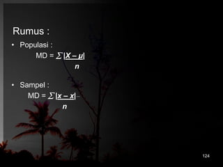 Rumus : 
• Populasi : 
MD =  |X – μ| 
n 
• Sampel : 
MD =  |x – x| 
n 
124 
 