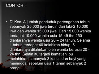 CONTOH : 
• Di Kec. A jumlah penduduk pertengahan tahun 
sebanyak 25.000 jiwa terdiri dari laki-2 10.000 
jiwa dan wanita 15.000 jiwa. Dari 15.000 wanita 
terdapat 10.000 wanita usia 15-49 thn,250 
diantaranya wanita usia 20 – 24 tahun. Selama 
1 tahun terdapat 40 kelahiran hidup, 5 
diantaranya dilahirkan oleh wanita berusia 20 – 
24 thn. Selain itu terjadi kematian ibu 
melahirkan sebanyak 3 kasus dan bayi yang 
meninggal sebelum usia 1 tahun sebanyak 2 
orang. 
 
