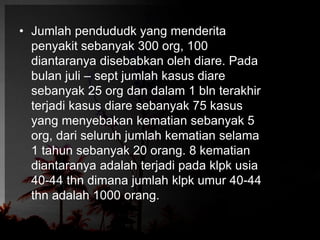 • Jumlah pendududk yang menderita 
penyakit sebanyak 300 org, 100 
diantaranya disebabkan oleh diare. Pada 
bulan juli – sept jumlah kasus diare 
sebanyak 25 org dan dalam 1 bln terakhir 
terjadi kasus diare sebanyak 75 kasus 
yang menyebakan kematian sebanyak 5 
org, dari seluruh jumlah kematian selama 
1 tahun sebanyak 20 orang. 8 kematian 
diantaranya adalah terjadi pada klpk usia 
40-44 thn dimana jumlah klpk umur 40-44 
thn adalah 1000 orang. 
 