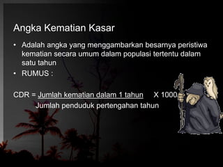 Angka Kematian Kasar 
• Adalah angka yang menggambarkan besarnya peristiwa 
kematian secara umum dalam populasi tertentu dalam 
satu tahun 
• RUMUS : 
CDR = Jumlah kematian dalam 1 tahun X 1000 
Jumlah penduduk pertengahan tahun 
 