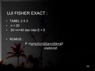 UJI FISHER EXACT : 
• TABEL 2 X 2 
• n < 20 
• 20 <n<40 dan nilai E < 5 
• RUMUS : 
P =(a+b)!(c+d)!(a+c)!(b+d)! 
n!a!b!c!d! 
165 
 