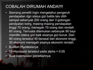 COBALAH DIRUMAH ANDA!!!! 
• Seorang peneliti ingin mengetahui pengaruh 
pendapatan dgn status gizi balita lalu dilih 
sampel sebanyak 200 orang dari 3 golongan 
pendpatan kelrg, masing-masing pendapatan 
tinggi 70 orang, menegah 70 orang dan rendah 
60 orang. Ternyata ditemukan sebanyak 90 bayi 
memiliki status gizi baik sisanya gizi buruk. Dari 
90 orang tersebut 40 berasal dari ekonomi tinggi, 
30 ekonomi menegah sisanya ekonomi rendah. 
• Buatlah Hipotesisnya 
• Uji Hipotesisi tersebut pada alpha = 0.05 
• Buat kesimpulan peneltiannya 
 