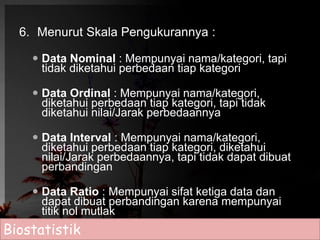 6. Menurut Skala Pengukurannya : 
 Data Nominal : Mempunyai nama/kategori, tapi 
tidak diketahui perbedaan tiap kategori 
 Data Ordinal : Mempunyai nama/kategori, 
diketahui perbedaan tiap kategori, tapi tidak 
diketahui nilai/Jarak perbedaannya 
 Data Interval : Mempunyai nama/kategori, 
diketahui perbedaan tiap kategori, diketahui 
nilai/Jarak perbedaannya, tapi tidak dapat dibuat 
perbandingan 
 Data Ratio : Mempunyai sifat ketiga data dan 
dapat dibuat perbandingan karena mempunyai 
titik nol mutlak 
Biostatistik 
 