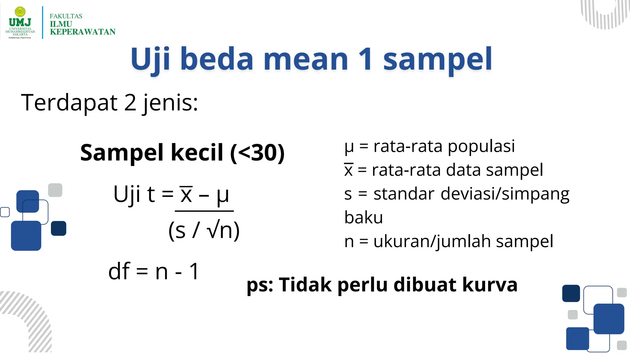 Terdapat 2 jenis:
(s / √n)
µ = rata-rata populasi
x = rata-rata data sampel
s = standar deviasi/simpang
baku
n = ukuran/jumlah sampel
Sampel kecil (<30)
Uji t = x – µ
df = n - 1
ps: Tidak perlu dibuat kurva
 