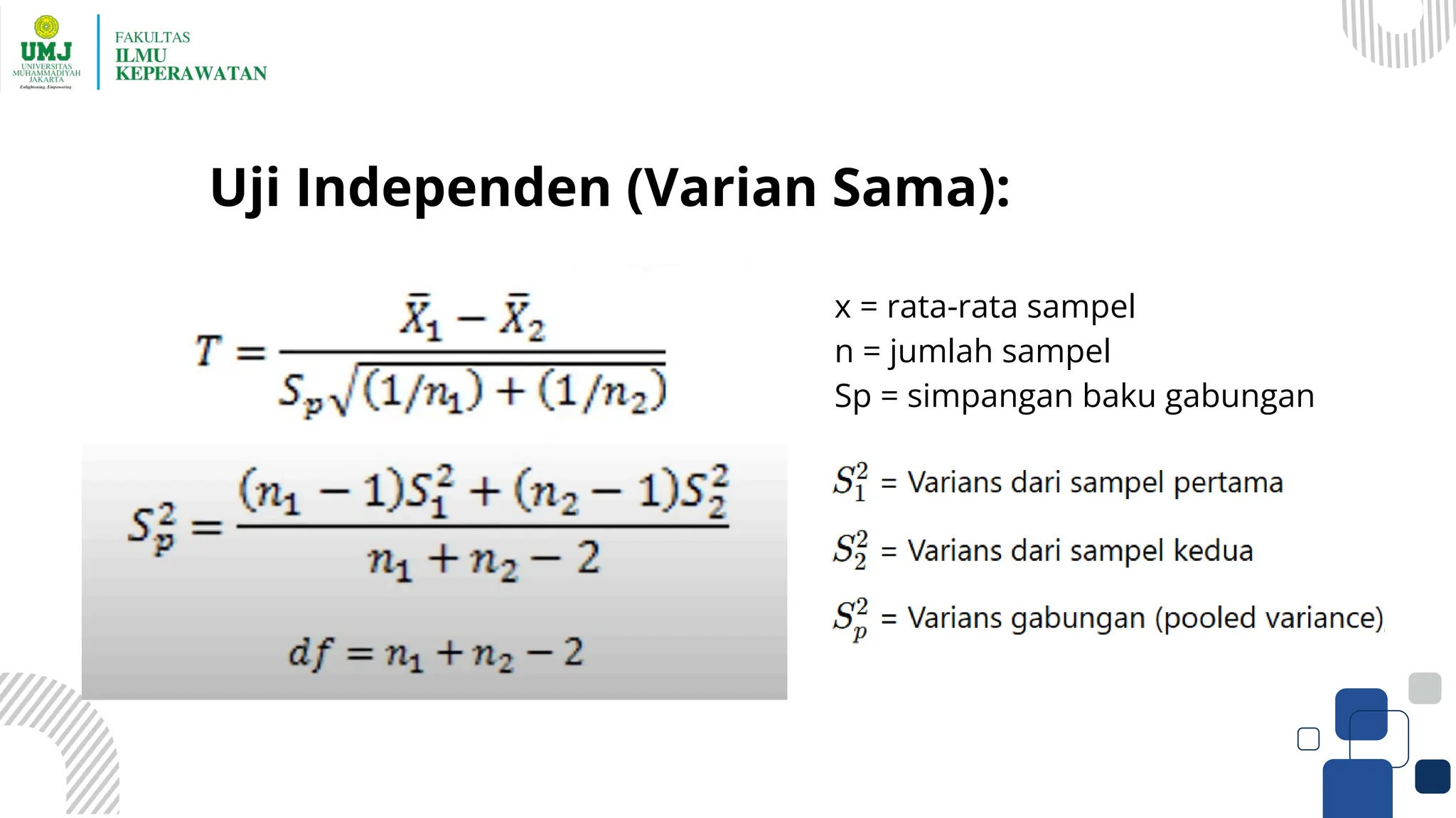 x = rata-rata sampel
n = jumlah sampel
Sp = simpangan baku gabungan
Uji Independen (Varian Sama):
 