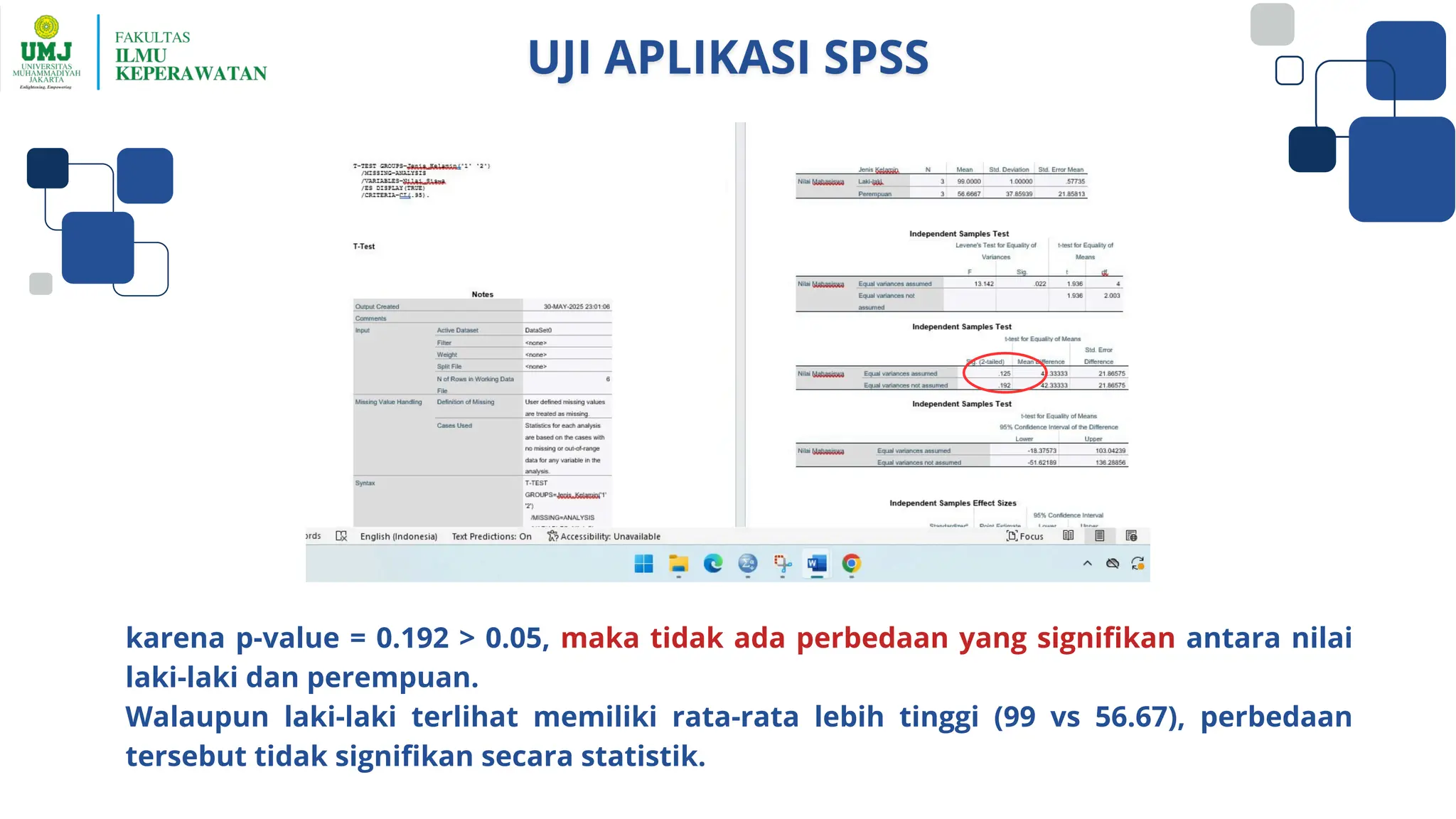 karena p-value = 0.192 > 0.05, maka tidak ada perbedaan yang signifikan antara nilai
laki-laki dan perempuan.
Walaupun laki-laki terlihat memiliki rata-rata lebih tinggi (99 vs 56.67), perbedaan
tersebut tidak signifikan secara statistik.
 