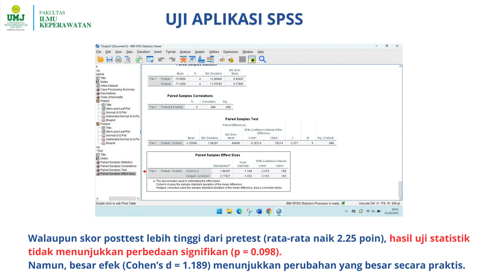 Walaupun skor posttest lebih tinggi dari pretest (rata-rata naik 2.25 poin), hasil uji statistik
tidak menunjukkan perbedaan signifikan (p = 0.098).
Namun, besar efek (Cohen’s d = 1.189) menunjukkan perubahan yang besar secara praktis.
 