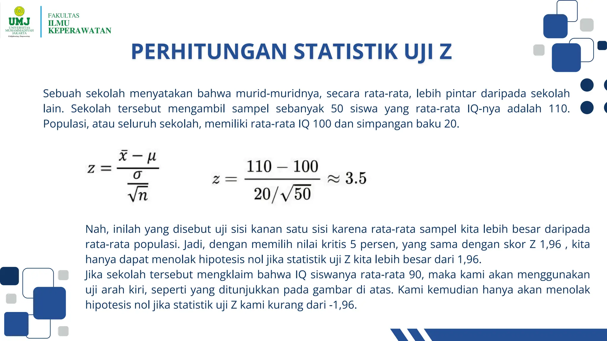 Sebuah sekolah menyatakan bahwa murid-muridnya, secara rata-rata, lebih pintar daripada sekolah
lain. Sekolah tersebut mengambil sampel sebanyak 50 siswa yang rata-rata IQ-nya adalah 110.
Populasi, atau seluruh sekolah, memiliki rata-rata IQ 100 dan simpangan baku 20.
Nah, inilah yang disebut uji sisi kanan satu sisi karena rata-rata sampel kita lebih besar daripada
rata-rata populasi. Jadi, dengan memilih nilai kritis 5 persen, yang sama dengan skor Z 1,96 , kita
hanya dapat menolak hipotesis nol jika statistik uji Z kita lebih besar dari 1,96.
Jika sekolah tersebut mengklaim bahwa IQ siswanya rata-rata 90, maka kami akan menggunakan
uji arah kiri, seperti yang ditunjukkan pada gambar di atas. Kami kemudian hanya akan menolak
hipotesis nol jika statistik uji Z kami kurang dari -1,96.
 