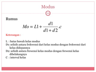 Modus
                                 105

Rumus
                           d1
               Mo = L1 +          .c
                         d1 + d 2
Keterangan :

L : batas bawah kelas modus
D1: selisih antara frekwensi dari kelas modus dengan frekwensi dari
   kelas didepannya
D2: selisih antara frewensi kelas modus dengan frewensi kelas
   dibelakangnya
C : interval kelas
 