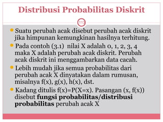 Distribusi Probabilitas Diskrit
                       113

Suatu perubah acak disebut perubah acak diskrit
 jika himpunan kemungkinan hasilnya terhitung.
Pada contoh (3.1) nilai X adalah 0, 1, 2, 3, 4
 maka X adalah perubah acak diskrit. Perubah
 acak diskrit ini menggambarkan data cacah.
Lebih mudah jika semua probabilitas dari
 perubah acak X dinyatakan dalam rumusan,
 misalnya f(x), g(x), h(x), dst.
Kadang ditulis f(x)=P(X=x). Pasangan (x, f(x))
 disebut fungsi probabilitas/distribusi
 probabilitas perubah acak X
 