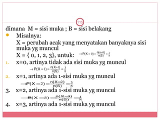 115
dimana M = sisi muka ; B = sisi belakang
 Misalnya:
   X = perubah acak yang menyatakan banyaknya sisi
   muka yg muncul
                                          n(x = 0) 1
                             → P(X = 0) =         =
   X = { 0, 1, 2, 3}, untuk:               n(S)     8

1. x=0, artinya tidak ada sisi muka yg muncul
                         n(X =1) 3
          → P(X = 1) =          =
                          n(S)    8
2.   x=1, artinya ada 1-sisi muka yg muncul
                         n( X = )
                               2
      → X = 2) =
       P(                         =3
                          n(S)     8
3. x=2, artinya ada 1-sisi muka yg muncul
                            n( X =)
                                  3  1
      → X = ) =
       P(  3                        =
                             n(S)    8

4. x=3, artinya ada 1-sisi muka yg muncul
 