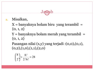 Jawab
                              125


a.   Misalkan,
     X = banyaknya bolam biru yang terambil =
     {0, 1, 2}
     Y = banyaknya bolam merah yang terambil =
     {0, 1, 2}
     Pasangan nilai (x,y) yang terjadi :(0,0),(0,1),
     (0,2),(1,0),(1,1),(2,0)
       8    8!
        2 ÷ 2 ! 6 ! = 28
            =
        
 
