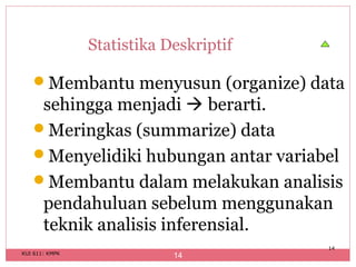 Statistika Deskriptif

   Membantu menyusun (organize) data
    sehingga menjadi  berarti.
   Meringkas (summarize) data
   Menyelidiki hubungan antar variabel
   Membantu dalam melakukan analisis
    pendahuluan sebelum menggunakan
    teknik analisis inferensial.
                                        14
KUI 611: KMPK
                            14
 