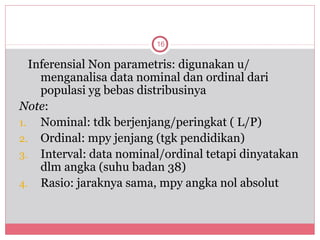 16


  Inferensial Non parametris: digunakan u/
    menganalisa data nominal dan ordinal dari
    populasi yg bebas distribusinya
Note:
1. Nominal: tdk berjenjang/peringkat ( L/P)
2. Ordinal: mpy jenjang (tgk pendidikan)
3. Interval: data nominal/ordinal tetapi dinyatakan
    dlm angka (suhu badan 38)
4. Rasio: jaraknya sama, mpy angka nol absolut
 