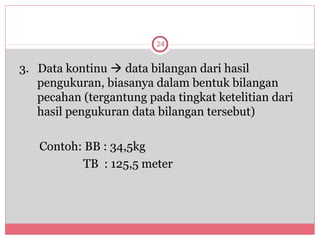 24


3. Data kontinu  data bilangan dari hasil
   pengukuran, biasanya dalam bentuk bilangan
   pecahan (tergantung pada tingkat ketelitian dari
   hasil pengukuran data bilangan tersebut)

   Contoh: BB : 34,5kg
          TB : 125,5 meter
 