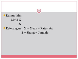 66

Rumus lain:
     M= Σ X
          N
Keterangan : M = Mean = Rata-rata
            Σ = Sigma = Jumlah
 
