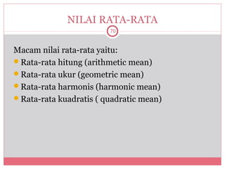 NILAI RATA-RATA
                        70



Macam nilai rata-rata yaitu:
Rata-rata hitung (arithmetic mean)
Rata-rata ukur (geometric mean)
Rata-rata harmonis (harmonic mean)
Rata-rata kuadratis ( quadratic mean)
 