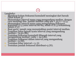 88
Langkah2:
1. Membuat kolom frekuensi komulatif meningkat dari bawah
   (lihat kolom 3)
2. Menentukan interval mana yang mengandung median, dengan
   cara membagi dua jumlah indifidu yang ada = 55/2 = 27,5.
3. Menentukan interval mana yang mengandung frekuensi
   komulatif 27,5 yaitu interval 80-84, sebab cf 27,5 terkandung
   dalam cf 37.
4. Buat garis/ panah yang menunjukkan posisi interval median.
5. Tentukan batas bawah nyata interval yang mengandung
   median= 79,50.(Bb)
6. Tentukan frekuensi komulatif dibawah interval yang
   mengandung median yaitu = 24 (cfb).
7. Tentukan frekuensi dalam interval yang mengandung
   median= 13 (fd).
8. Tentukan lebar interval = 5. (i)
9. Tentukan jumlah frekuensi distribusi=5 (N).
 