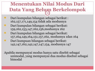Menentukan Nilai Modus Dari
    Data Yang Belum Berkelompok
                            94

   Dari kumpulan bilangan sebagai berikut :
    162,157,171,149,154 tidak ada modusnya
   Dari kumpulan bilangan sebagai berikut:
    159,162,153,147,162,156,modusnya 162
   Dari kumpulan bilangan sebagai berikut:
    157,164,149,164,151,157,162, modusnya 1dan 164
   Dari kumpuan bilangan sebagai berikut:
    142,147,162,142,147,147,154, modusnya 147

Apabila mempunyai modus hanya satu disebit sebagai
   unimodal, yang mempunyai dua modus disebut sebagai
   bimodal
 