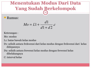 Menentukan Modus Dari Data
      Yang Sudah Berkelompok
                                   95

Rumus:
                             d1
                 Mo = L1 +          .c
                           d1 + d 2
Keterangan :
Mo: modus
L1: batas bawah kelas modus
D1: selisih antara frekwensi dari kelas modus dengan frekwensi dari kelas
   didepannya
D2: selisih antara frewensi kelas modus dengan frewensi kelas
   dibelakangnya
C: interval kelas
 