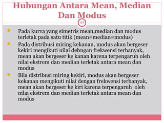 Hubungan Antara Mean, Median
            Dan Modus
                             97

    Pada kurva yang simetris mean,median dan modus
     terletak pada satu titik (mean=median=modus)
    Pada distribusi miring kekanan, modus akan bergeser
     kekiri mengikuti nilai debngan frekwensi terbanyak,
     mean akan bergeser ke kanan karena terpengaruh oleh
     nilai ekstrem dan median terletak antara mean dan
     modus
    Bila distribusi miring kekiri, modus akan bergeser
     kekanan mengikuti nilai dengan frekwensi terbanyak,
     mean akan bergeser ke kiri karena terpengaruh oleh
     nilai ekstrem dan median terletak antara mean dan
     modus
 