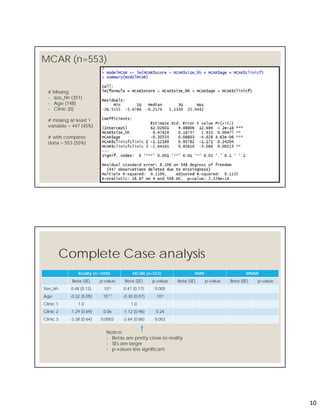 10
MCAR (n=553)
19
# Missing
- size_hh (351)
- Age (148)
- Clinic (0)
# missing at least 1
variable = 447 (45%)
# with complete
data = 553 (55%)
Complete Case analysis
Reality (n=1000) MCAR (n=553) MAR MNAR
Beta (SE) p-value Beta (SE) p-value Beta (SE) p-value Beta (SE) p-value
Size_hh 0.48 (0.12) 10-5 0.47 (0.17) 0.005
Age -0.32 (0.05) 10-11 -0.30 (0.07) 10-6
Clinic 1 1.0 1.0
Clinic 2 -1.29 (0.69) 0.06 -1.12 (0.96) 0.24
Clinic 3 -2.38 (0.64) 0.0002 -2.64 (0.86) 0.002
Notice:
- Betas are pretty close to reality
- SEs are larger
- p-values less significant
 