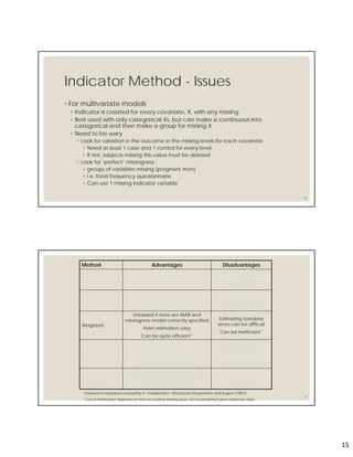 15
Indicator Method - Issues
◦ For multivariate models
◦ Indicator is created for every covariate, X, with any missing
◦ Best used with only categorical Xs, but can make a continuous into
categorical and then make a group for missing X
◦ Need to be wary
◦ Look for variation in the outcome in the missing levels for each covariate
◦ Need at least 1 case and 1 control for every level
◦ If not, subjects missing this value must be deleted
◦ Look for ‘perfect’ missingness
◦ groups of variables missing (pregnant men)
◦ i.e. food frequency questionnaire
◦ Can use 1 missing indicator variable
29
30
Method Advantages Disadvantages
Complete case Easy
Generally biased if data
are not MCAR*
Inefficient
Missing indicator
Easy for one variable
A little more efficient
Biased
Difficult for more than
one variable
Weighted
Unbiased if data are MAR and
missingness model correctly specified
Point estimation easy
Can be quite efficient**
Estimating standard
errors can be difficult
Can be inefficient**
Single imputation
Easy
Can be unbiased in important
situations (e.g. under the null)
Can be quite efficient**
Generally biased
Estimating standard
errors can be difficult
Can be inefficient**
Maximum
likelihood
Unbiased if missingness model
correctly specified (even for MNAR)
Can be more efficient
Very difficult to
implement
*Unbiased if missingness probability is “multiplicative” [Kleinbaum Morgenstern and Kupper (1981)]
**Loss of information depends on how accurately missing data can be predicted given observed data
 