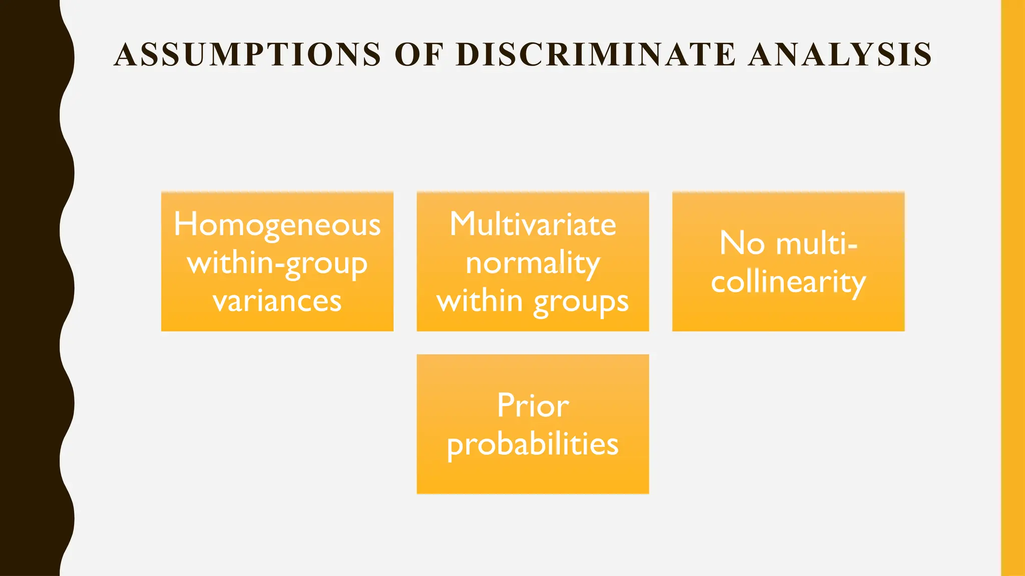 ASSUMPTIONS OF DISCRIMINATE ANALYSIS
Homogeneous
within-group
variances
Multivariate
normality
within groups
No multi-
collinearity
Prior
probabilities
 