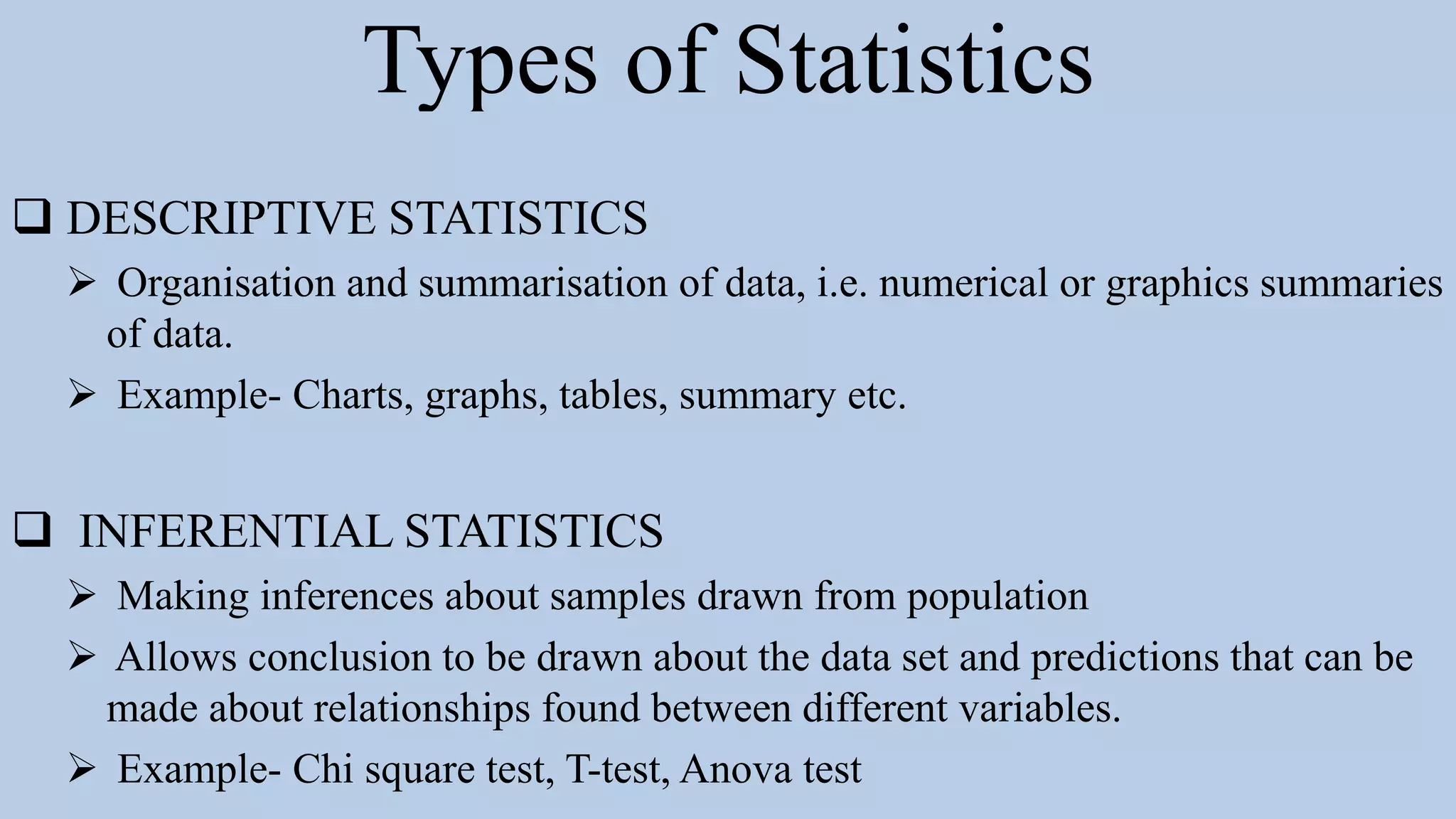 Types of Statistics
 DESCRIPTIVE STATISTICS
 Organisation and summarisation of data, i.e. numerical or graphics summaries
of data.
 Example- Charts, graphs, tables, summary etc.
 INFERENTIAL STATISTICS
 Making inferences about samples drawn from population
 Allows conclusion to be drawn about the data set and predictions that can be
made about relationships found between different variables.
 Example- Chi square test, T-test, Anova test
 